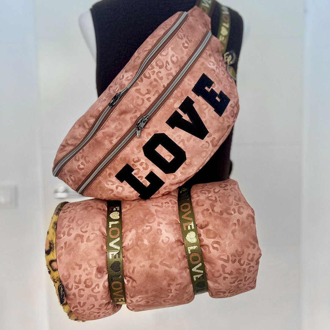 Bum Bag Outdoor brown Leopard with black Love and brown olive Love webbing