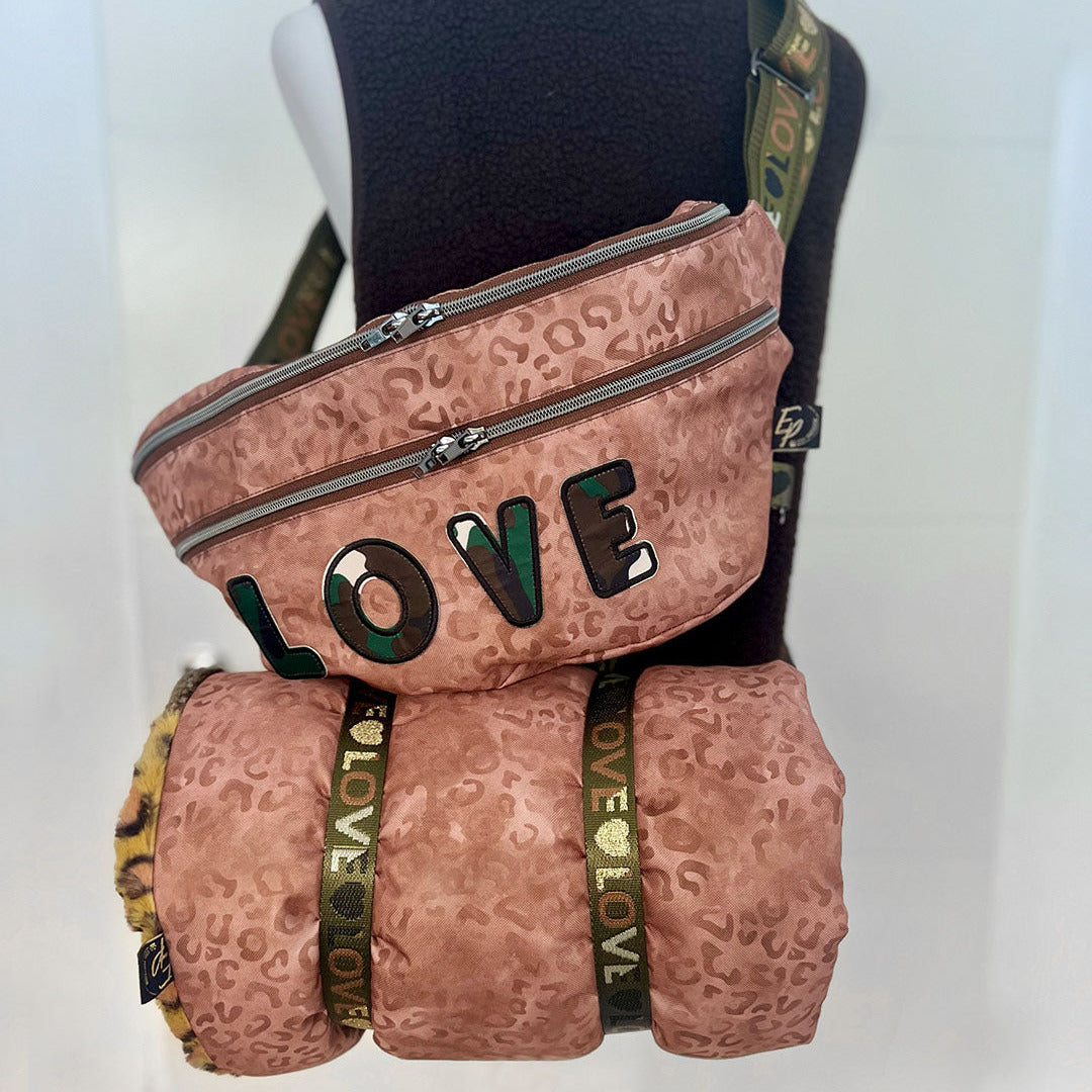 Bum Bag Outdoor brown Leopard with Camouflage Love and olive Love webbing