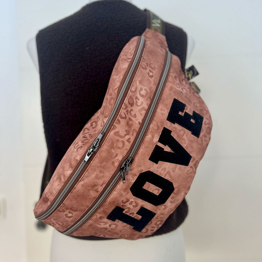 Bum Bag Outdoor brown Leopard with black Love and brown olive Love webbing