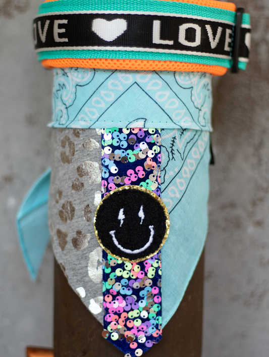 Poshy Paisley Bandana - Mint mit Leopard Silber Stoff und Regenbogen Palietten samt Happy Face Patch