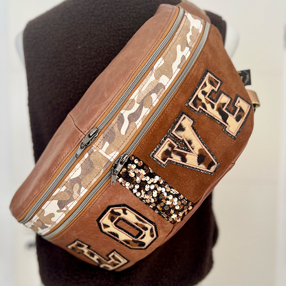 Bum Bag Extra Large brown leather combined with brown camouflage leather