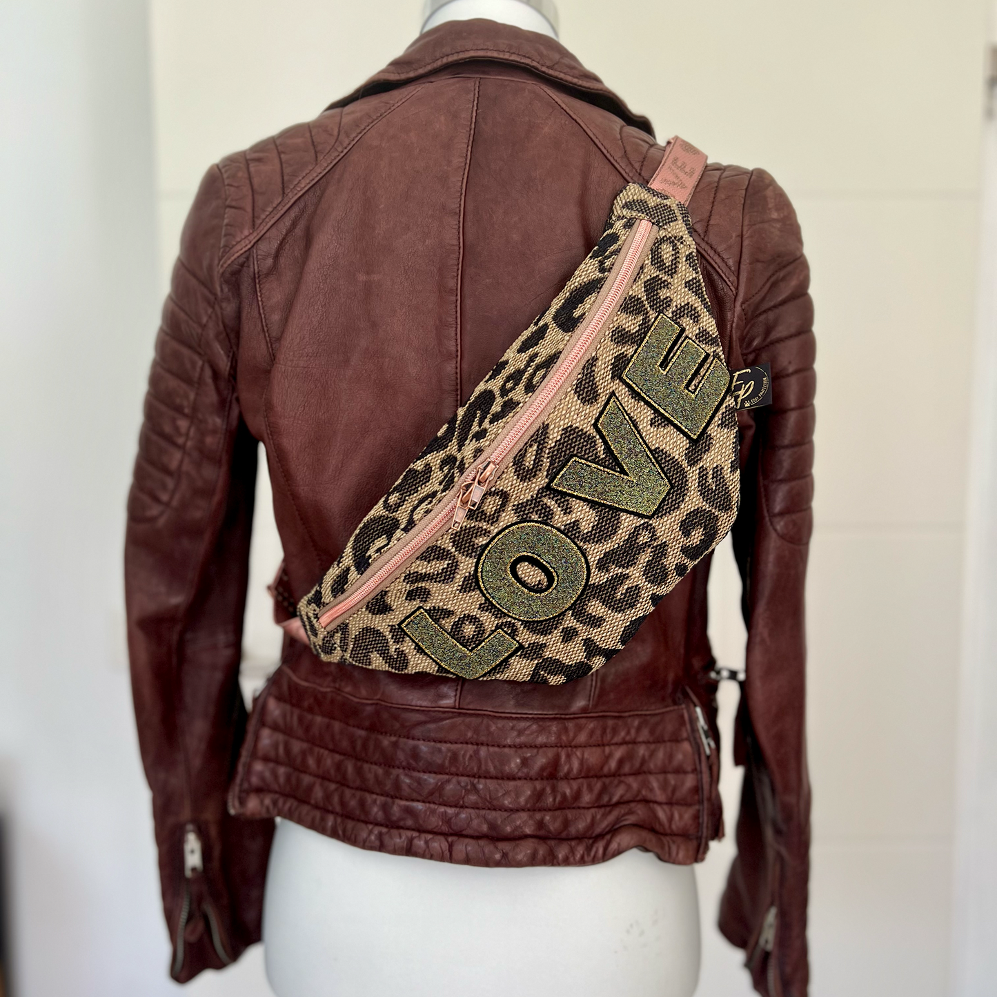 Gas Bag made of Leopard Upholstery Fabric with Love and Rose Webbing