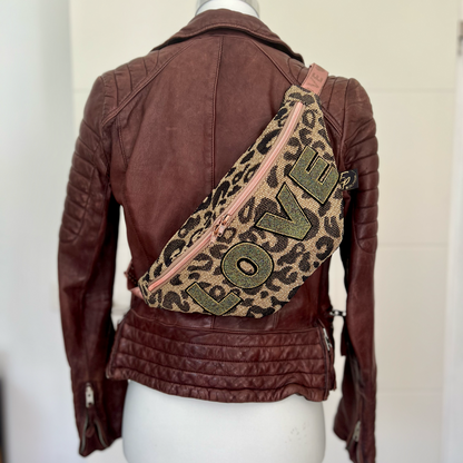 Gas Bag made of Leopard Upholstery Fabric with Love and Rose Webbing