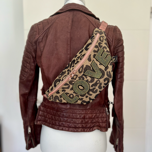 Gas Bag made of Leopard Upholstery Fabric with Love and Rose Webbing