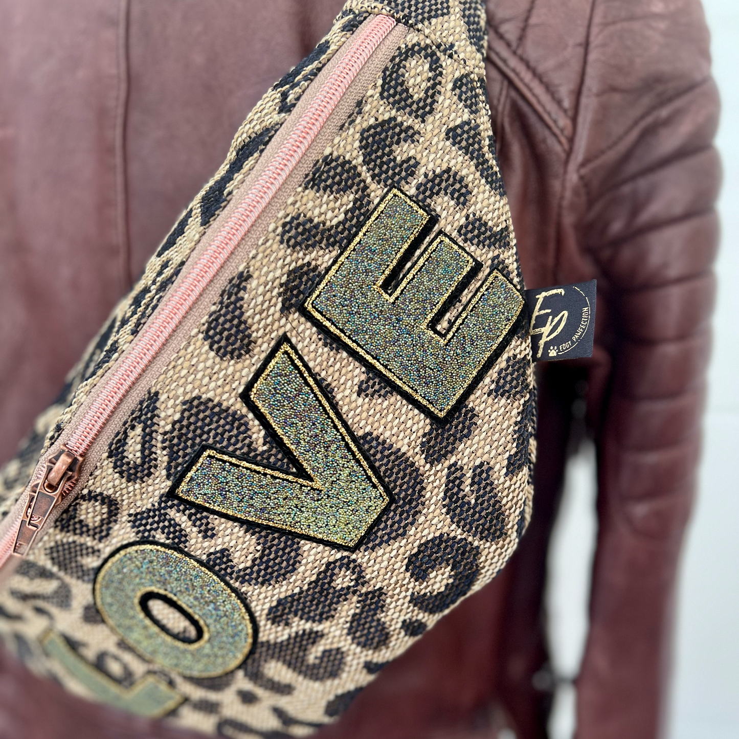 Gas Bag made of Leopard Upholstery Fabric with Love and Rose Webbing