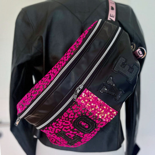 Bum Bag Extra Large Pink Leopard und schwarzes Leder